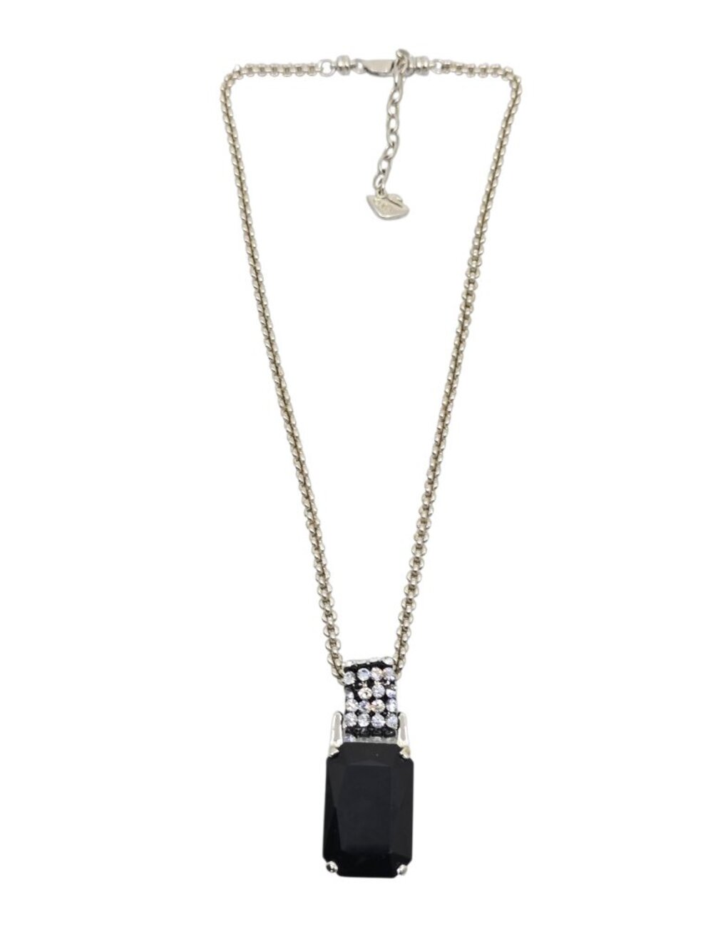 Swarovski Large Black Emerald Crystal Cut Silver Tone Pendant Necklace